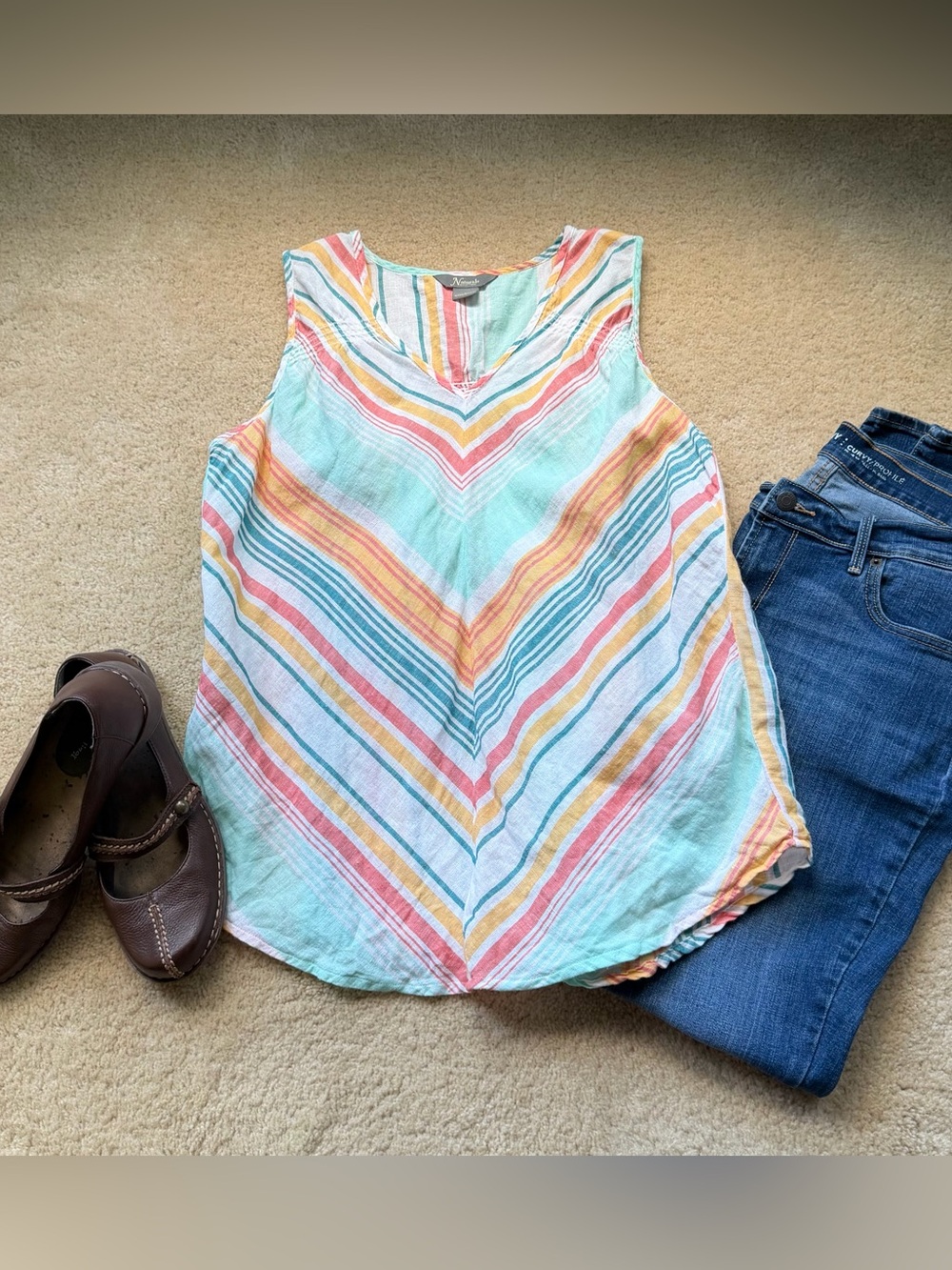 Natural Reflections Women’s White Striped Linen Blend Sleeveless Top - L - EUC